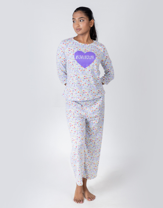 Light Blue Color Floral Printed Pajama Set