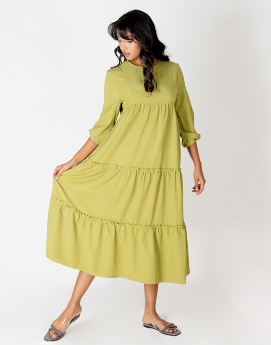 dark green color combination dresses Olive Green & White Embroidered Layered Maxi Dress main image 0
