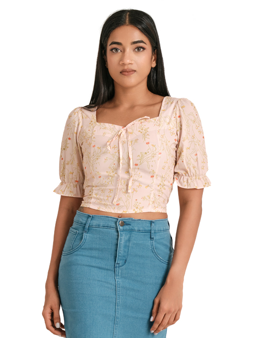Women's Peach Square Neck Puff Sleeve Crop Top