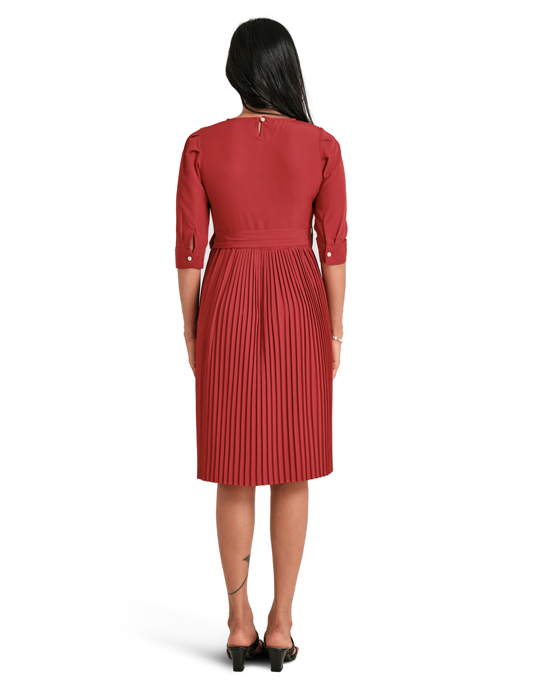 Long Sleeve Pleated Dress with Slip main image 1