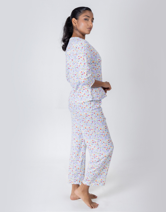 Light Blue Color Floral Printed Pajama Set
