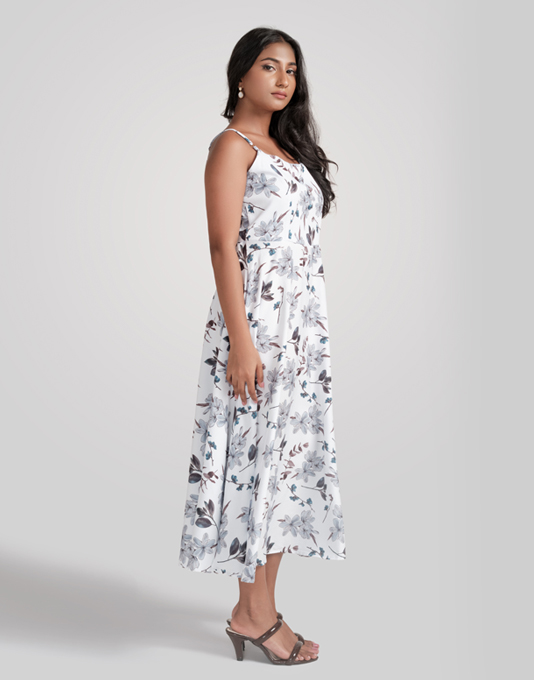 Pre-Order White Floral Print Color Block Trim Belted Sleeveless Maxi Dress
