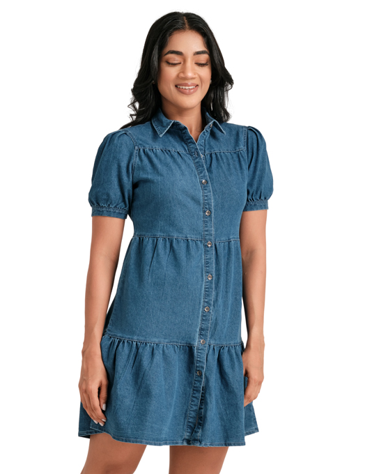 Button-Front Ruffle Sleeve Denim Midi Dress main image 1